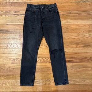 Levis 501 Jeans Womens Black Skinny Denim Button Fly Distressed Premium Sz 26x28